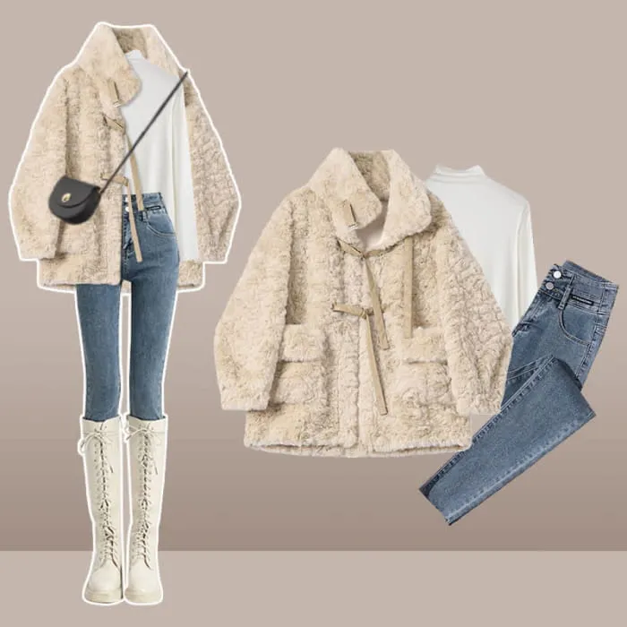 Velvet Buckle Coat Turtleneck Top High Waist Slim Denim Pants