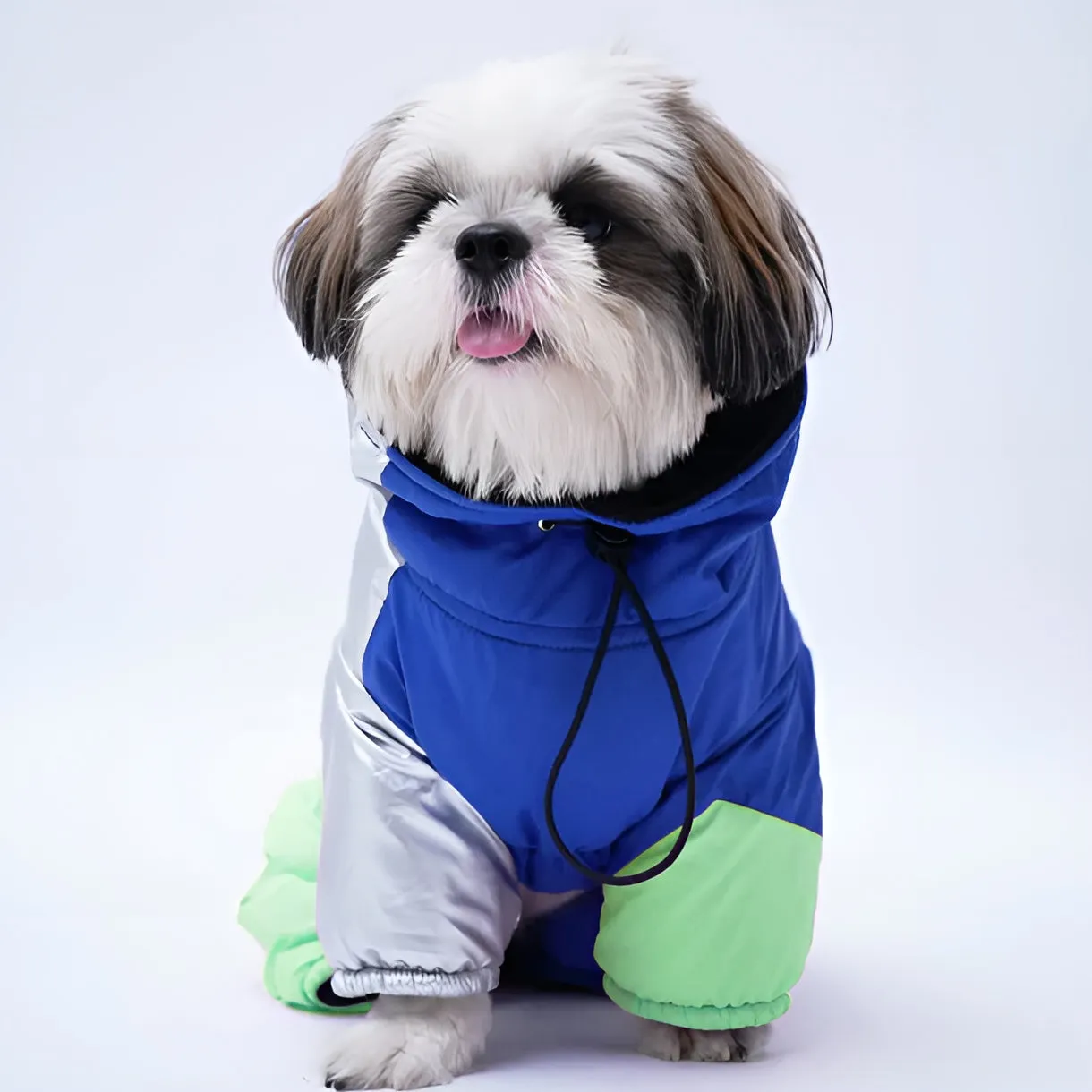 Winter Dog Jacket with Metallic Silver Sleeves, Full Coverage, and Top Zip