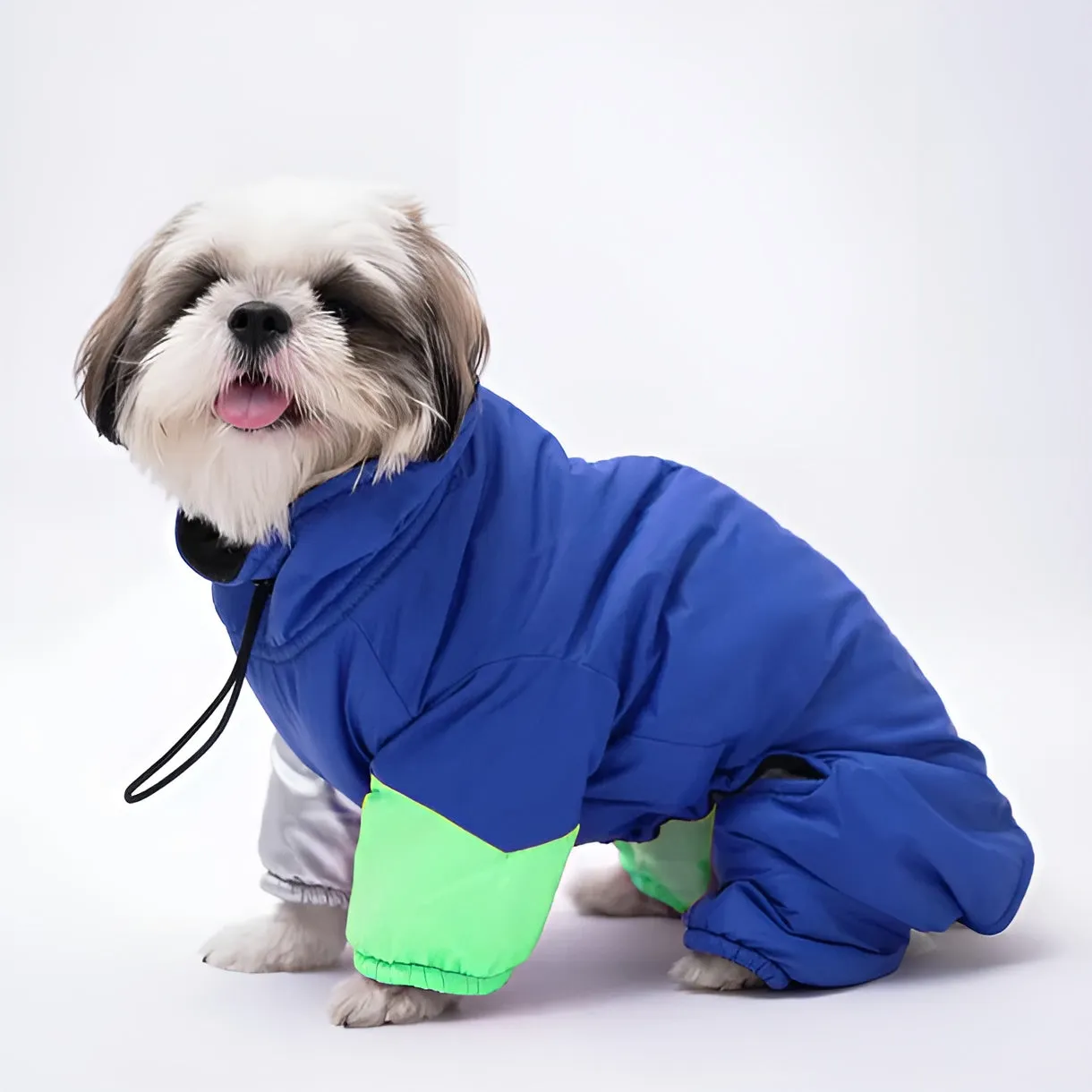 Winter Dog Jacket with Metallic Silver Sleeves, Full Coverage, and Top Zip