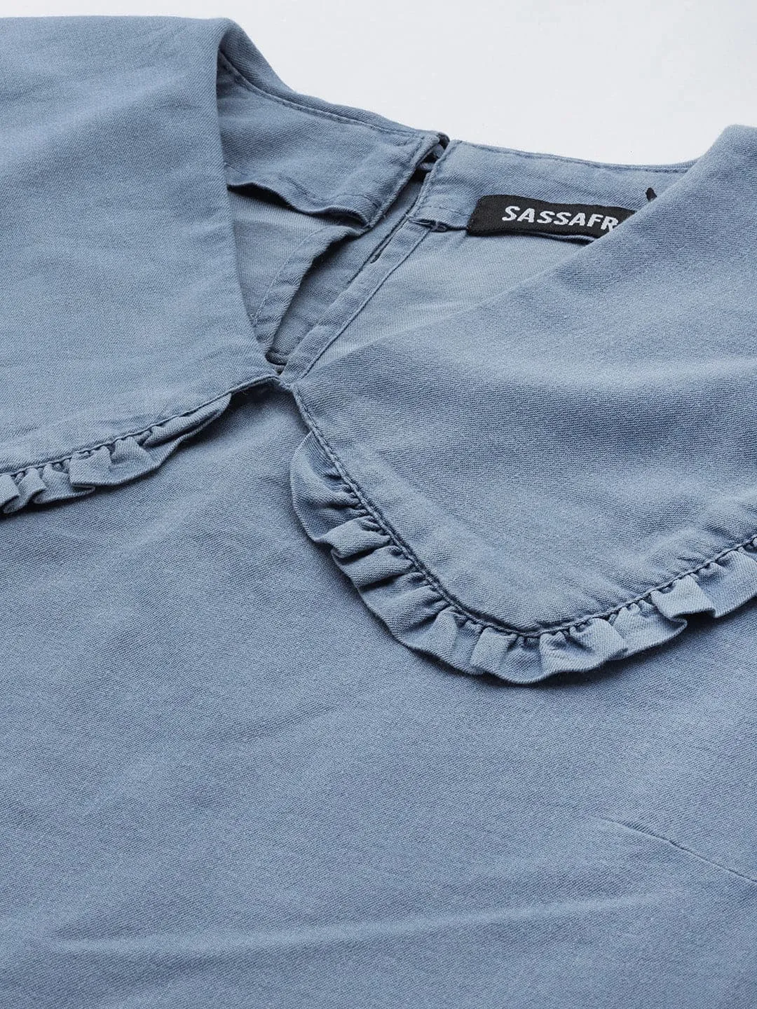 Women Blue Frill Detail Broad Collar Crop Tencel Top