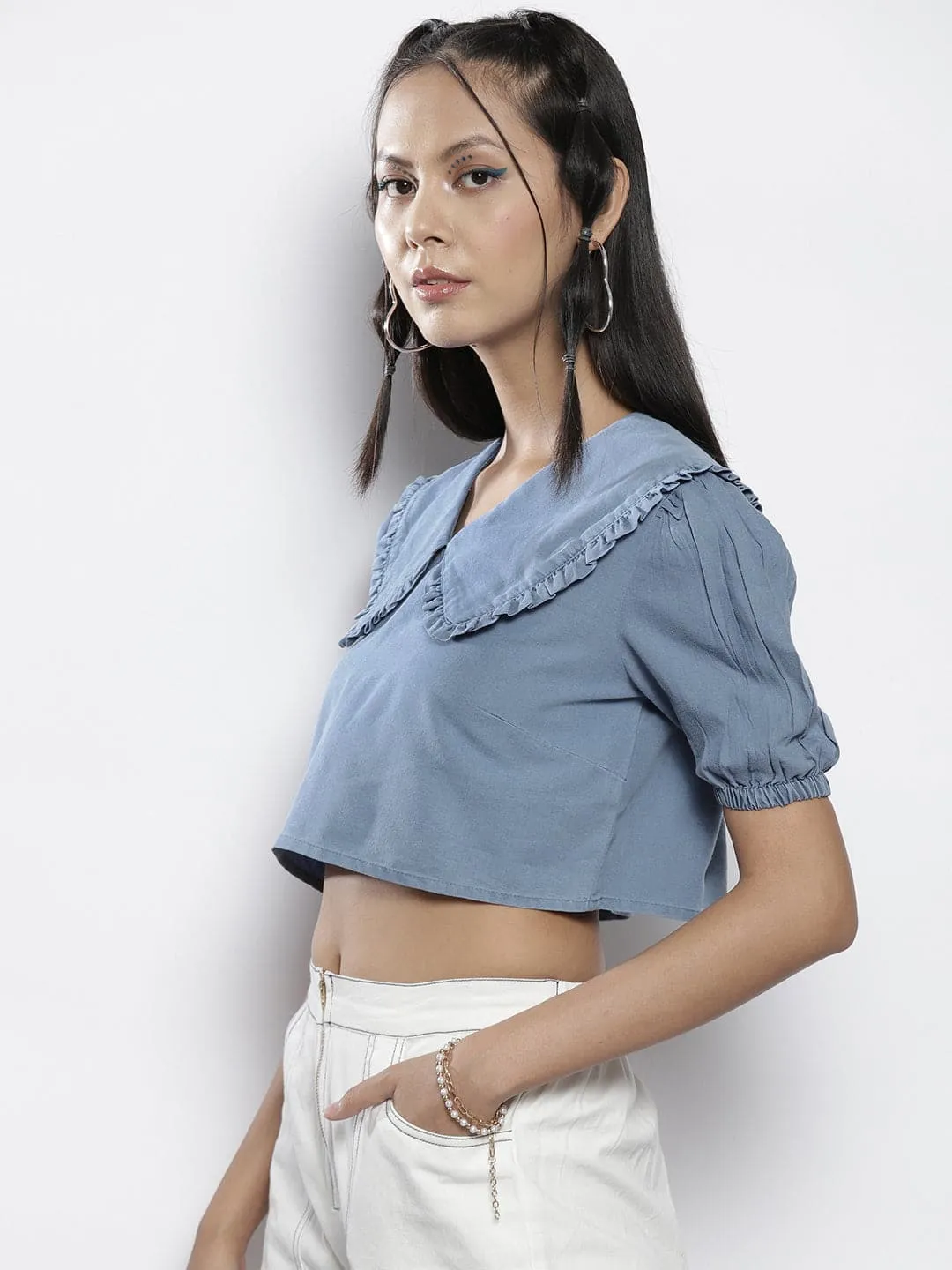 Women Blue Frill Detail Broad Collar Crop Tencel Top