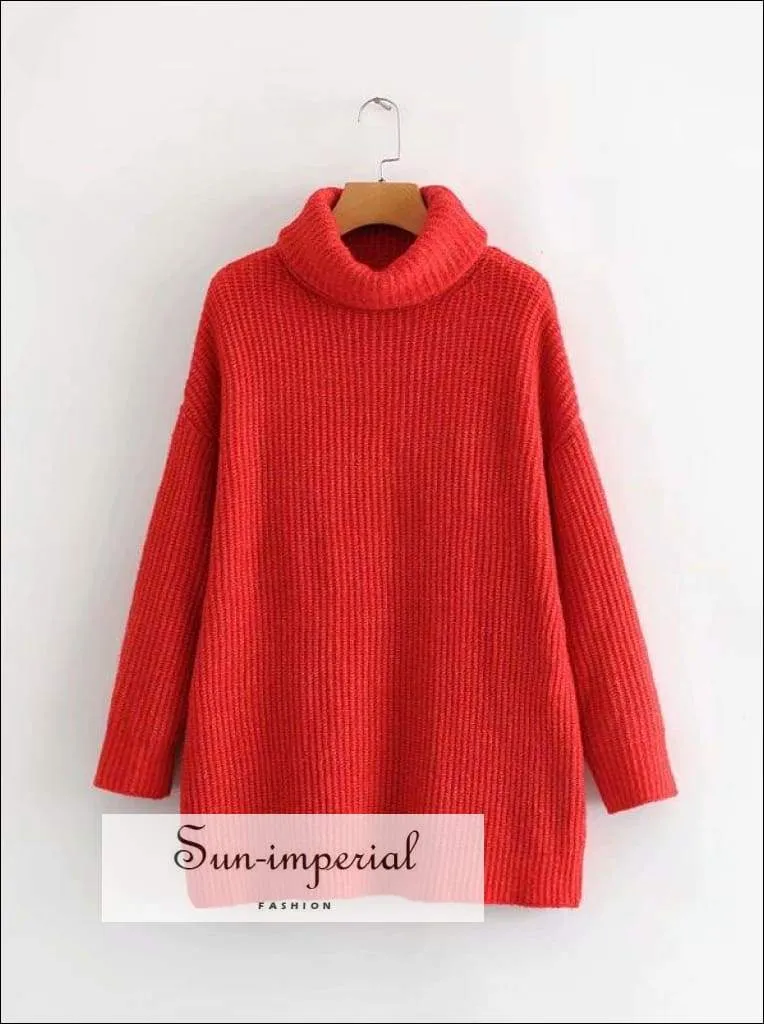 Women Fire Red Oversized Turtleneck Loose Pullovers Jumper Soft Warm Sweater