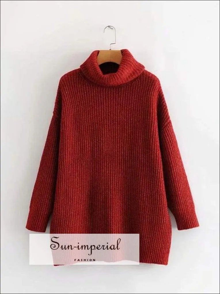 Women Fire Red Oversized Turtleneck Loose Pullovers Jumper Soft Warm Sweater
