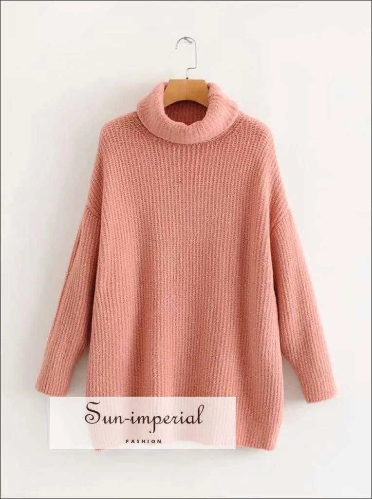 Women Fire Red Oversized Turtleneck Loose Pullovers Jumper Soft Warm Sweater