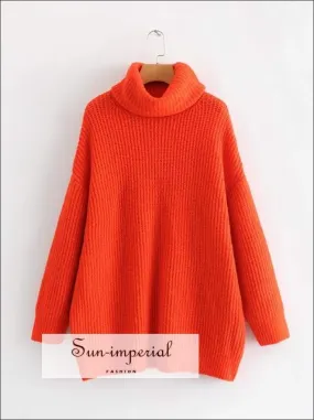 Women Fire Red Oversized Turtleneck Loose Pullovers Jumper Soft Warm Sweater