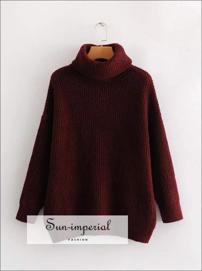 Women Fire Red Oversized Turtleneck Loose Pullovers Jumper Soft Warm Sweater