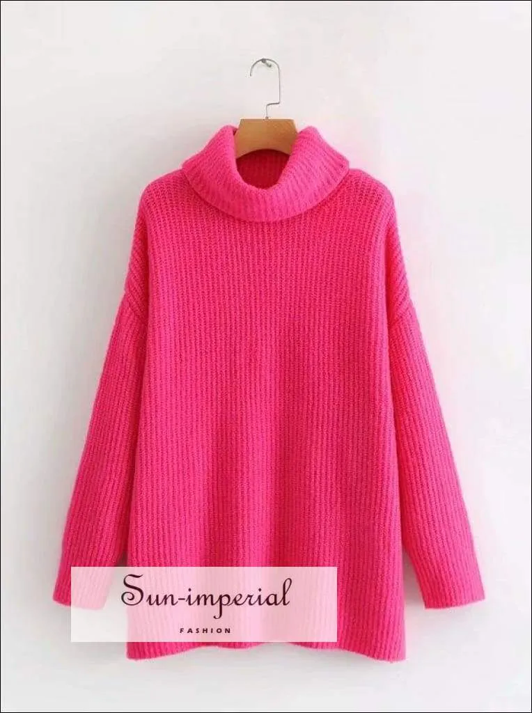 Women Fire Red Oversized Turtleneck Loose Pullovers Jumper Soft Warm Sweater