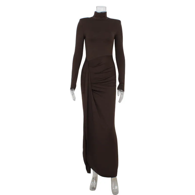 Women High Collar Long Sleeve Lace up Slim Fit Dress