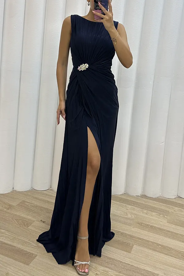Women Pleated Split Sleeveless Evening Dress