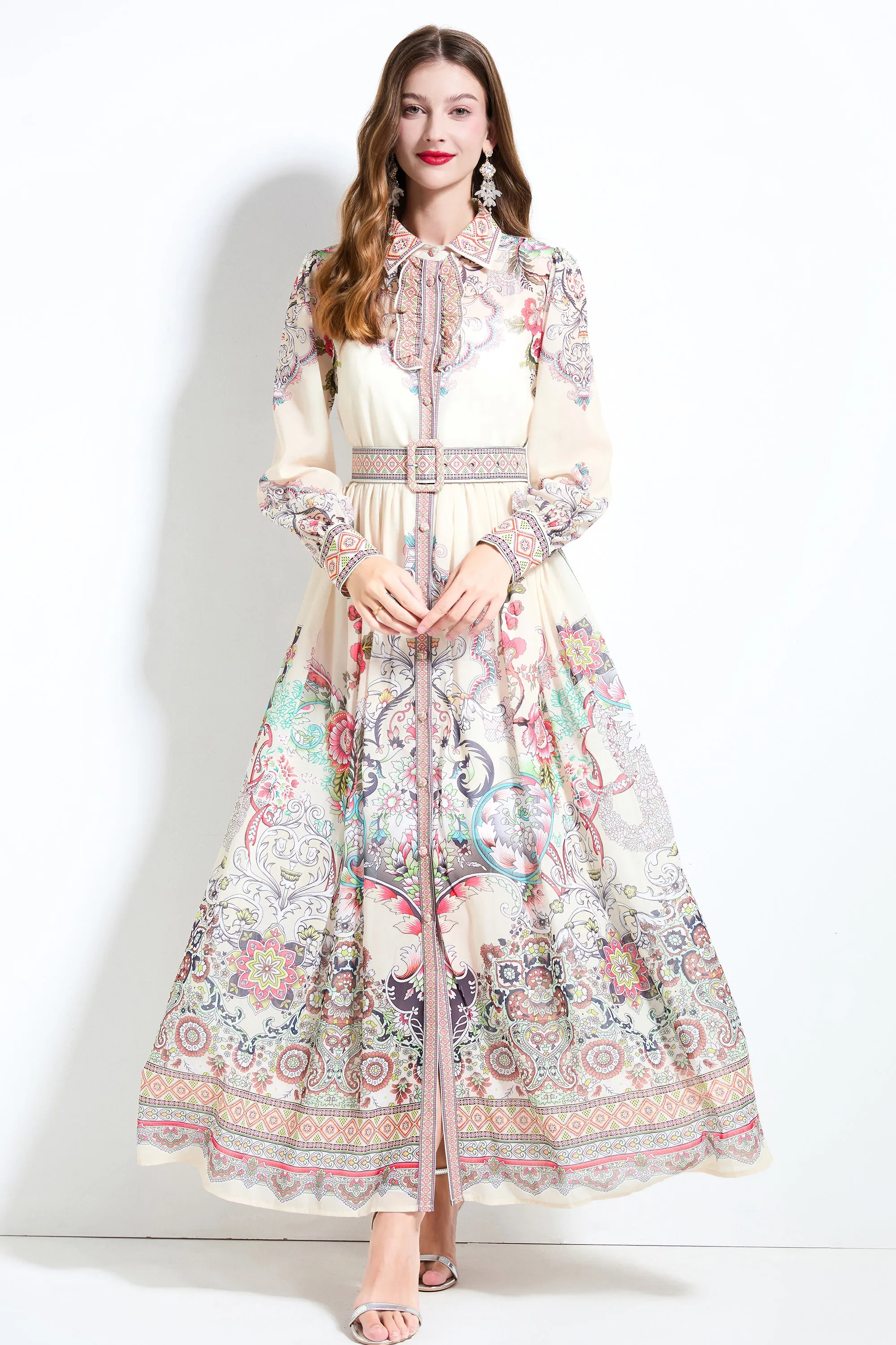 Women's Floral Print Belt Flowy Maxi Dress