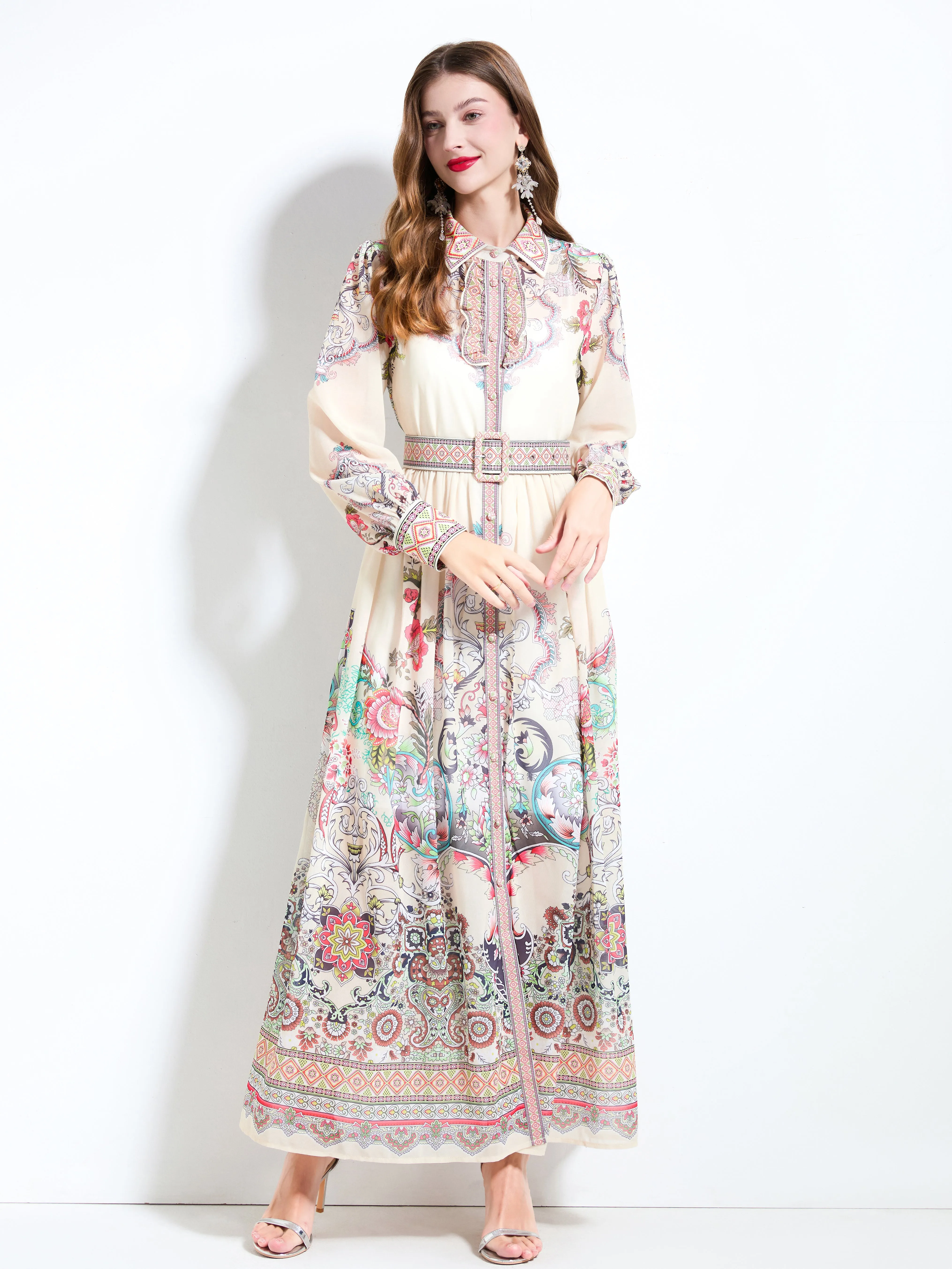 Women's Floral Print Belt Flowy Maxi Dress