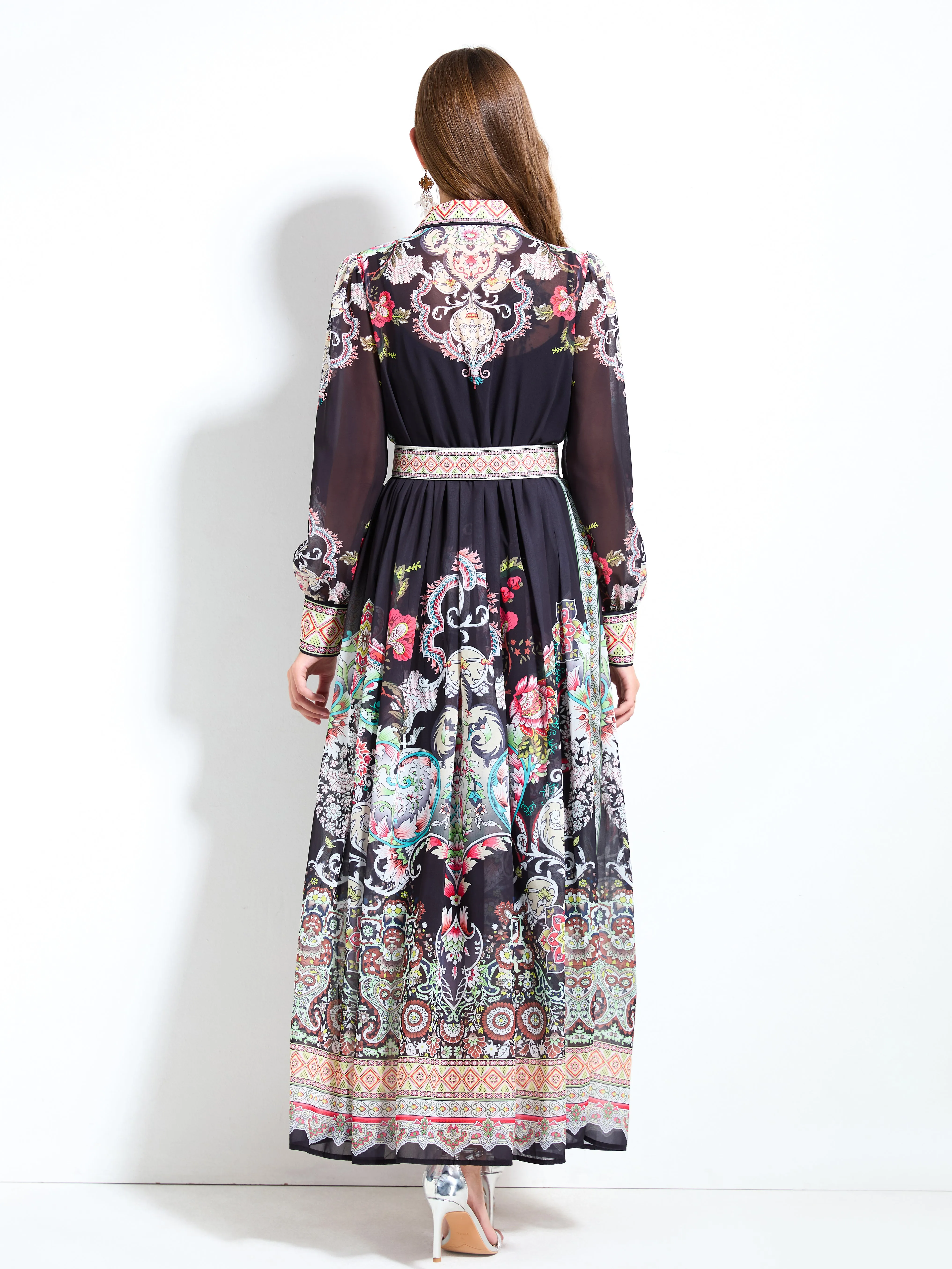 Women's Floral Print Belt Flowy Maxi Dress