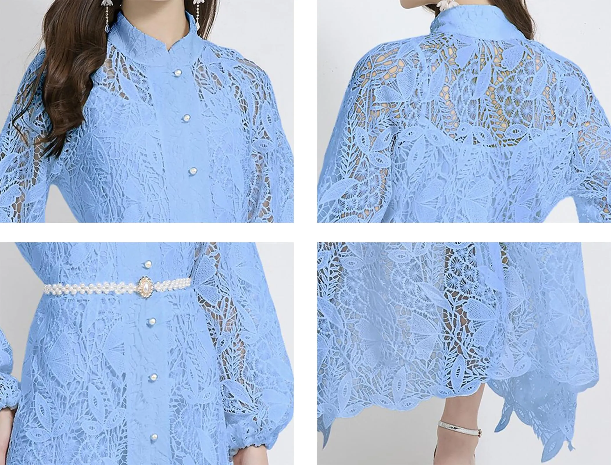 Women's  Lace Floral Hollow Button Elegant Maxi Dress