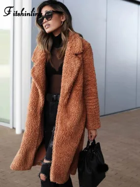 Women's Teddy Long Coats Notched Collar Lapel Faux Fur Jacket Open Front Winter Coats Plus Size Cardigan