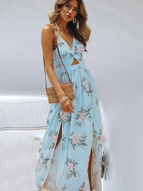 Women's V-Neck Sleeveless Chiffon Maxi Dress with Open Back