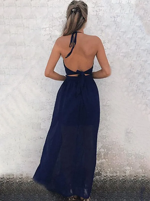 Women's V-Neck Sleeveless Chiffon Maxi Dress with Open Back