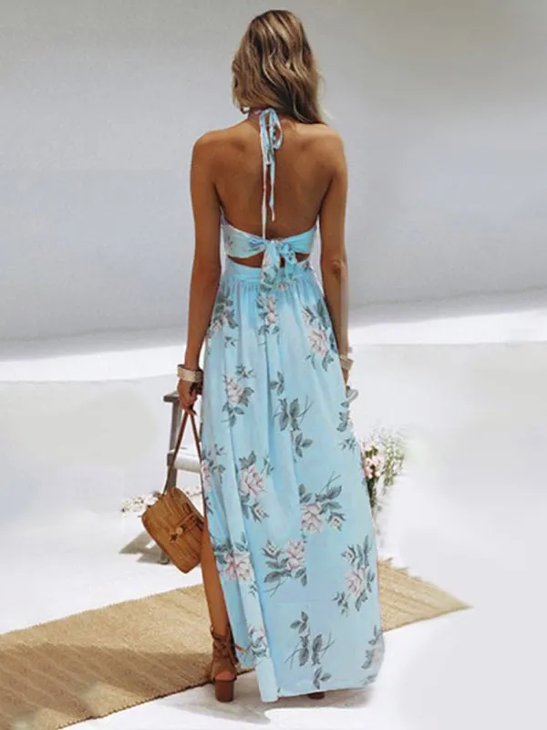 Women's V-Neck Sleeveless Chiffon Maxi Dress with Open Back