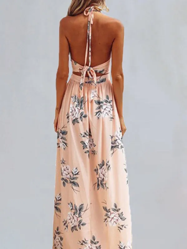 Women's V-Neck Sleeveless Chiffon Maxi Dress with Open Back