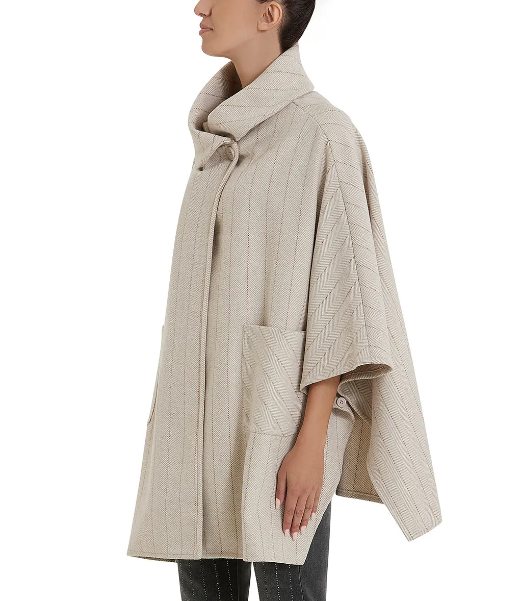 Wool-colored cape with pockets and lapel collar