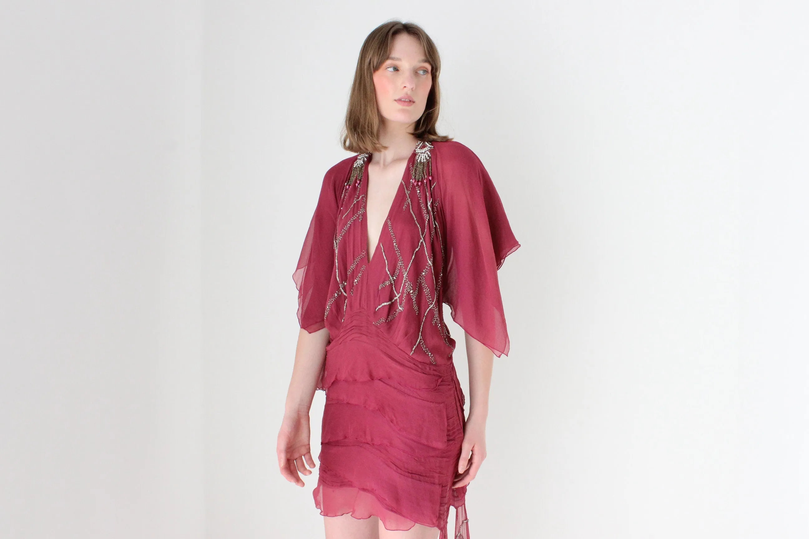 Y2K Embellished Silk Plunge Neck Backless Mini Dress