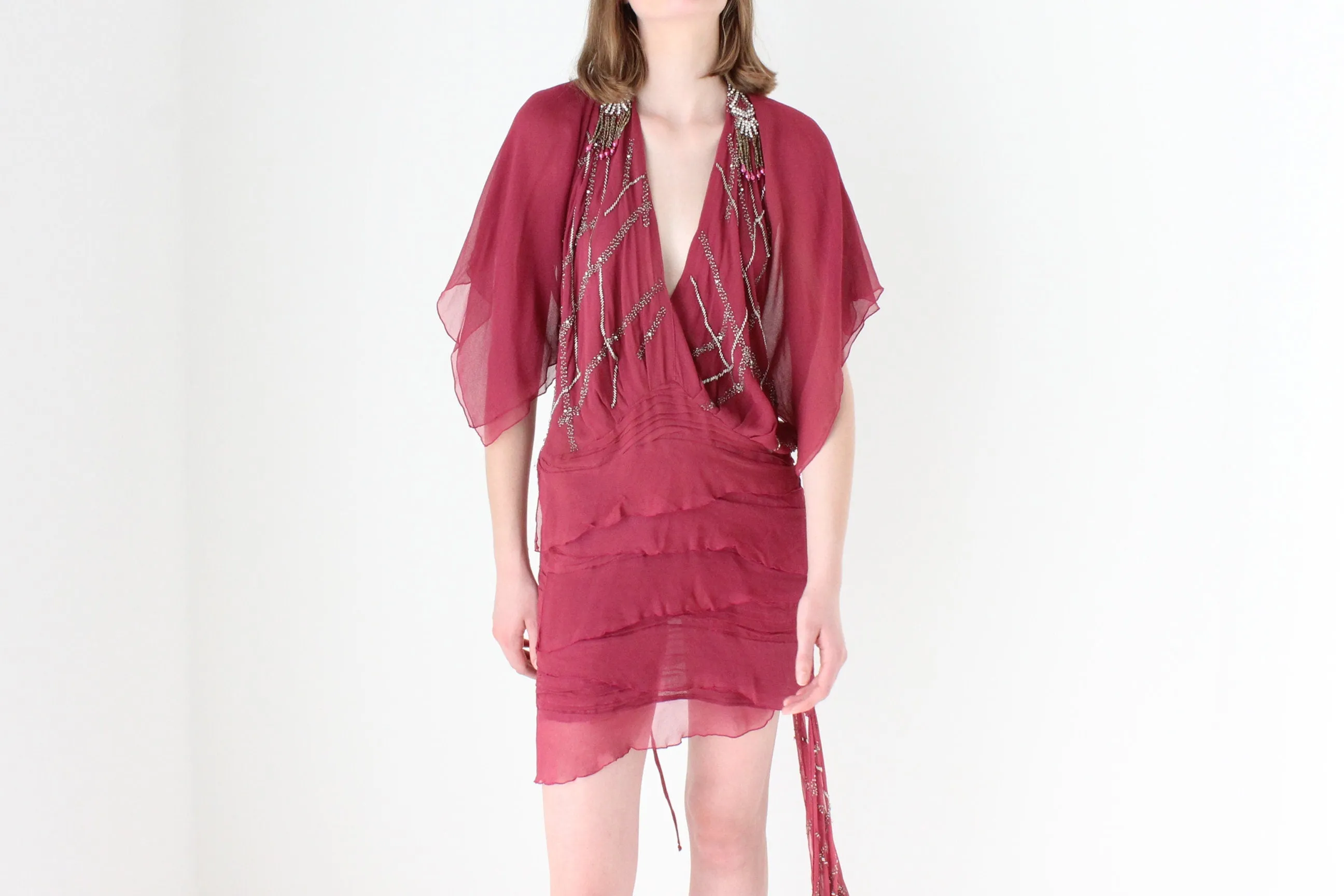 Y2K Embellished Silk Plunge Neck Backless Mini Dress