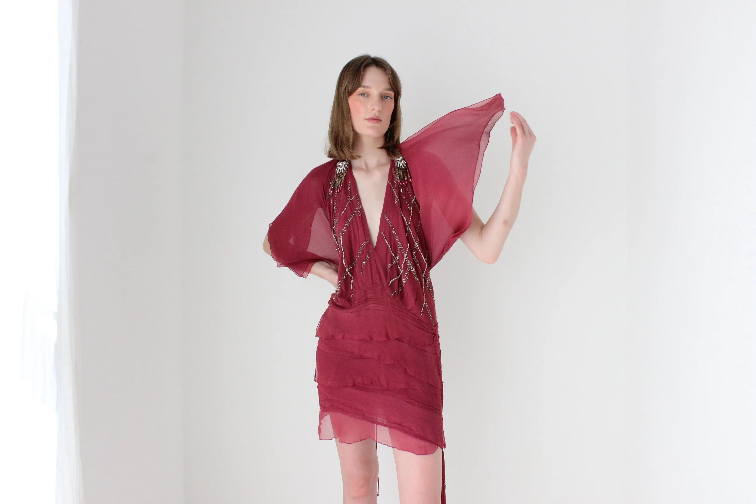 Y2K Embellished Silk Plunge Neck Backless Mini Dress