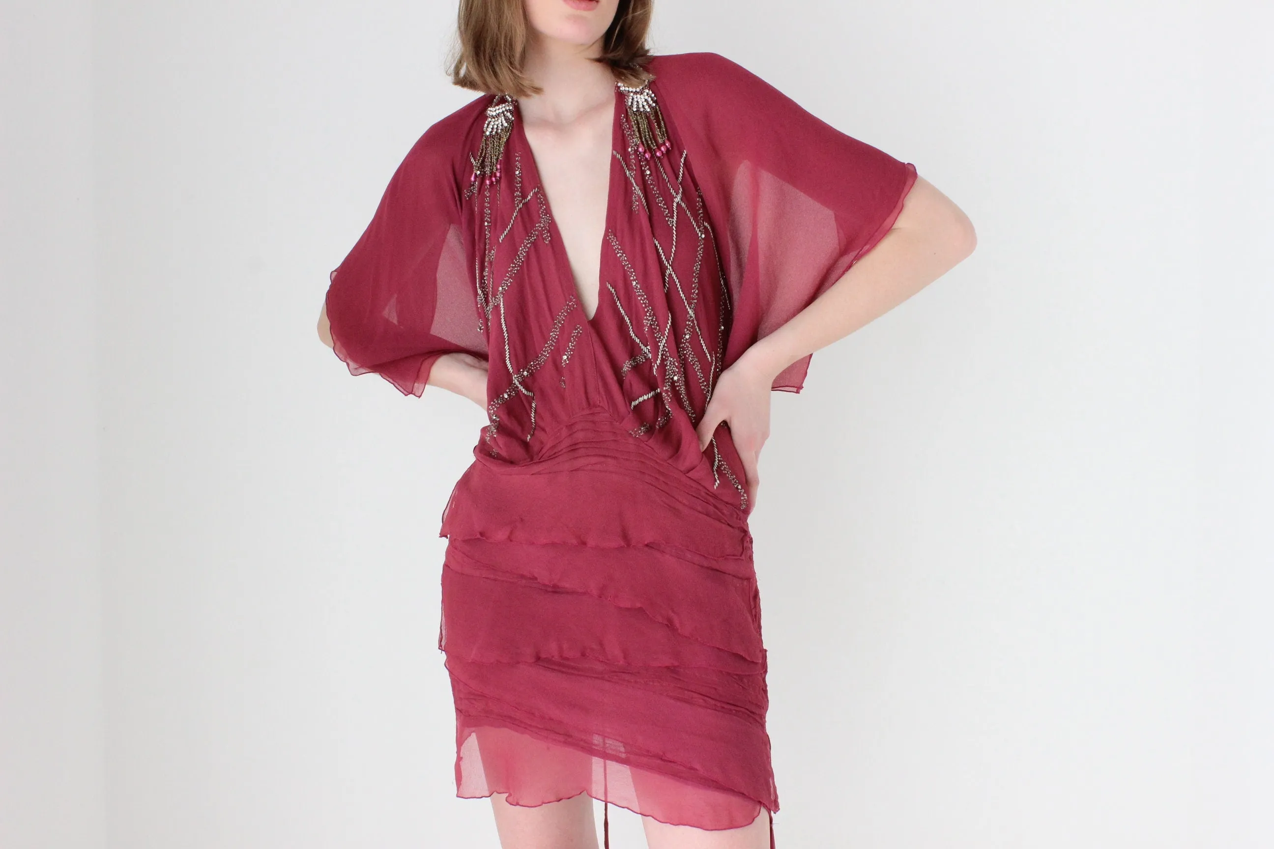 Y2K Embellished Silk Plunge Neck Backless Mini Dress