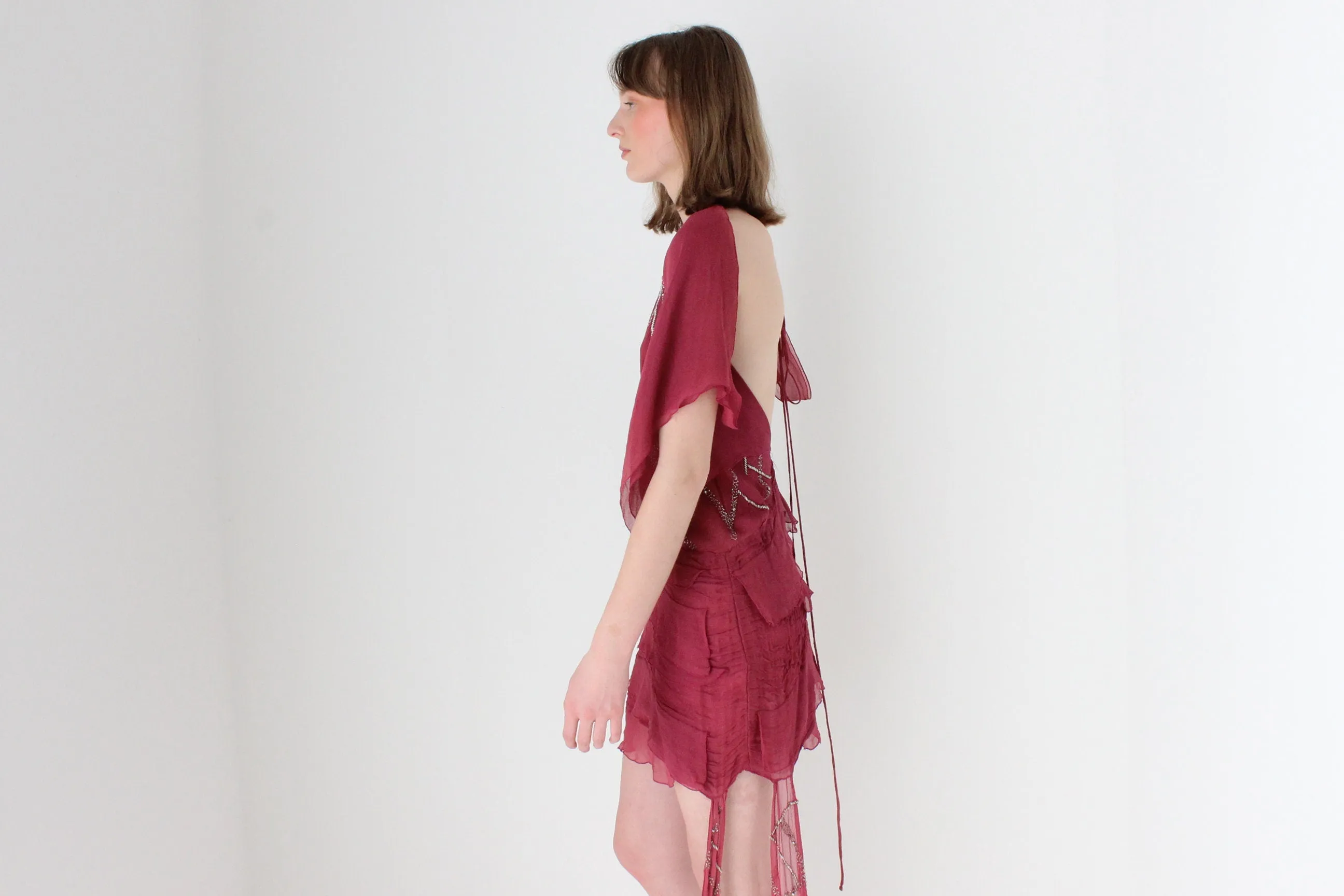 Y2K Embellished Silk Plunge Neck Backless Mini Dress
